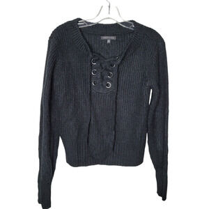 Kendall & Kylie Womens XS Sweater Knit Minimalist Long Sleeve Lace Up Black